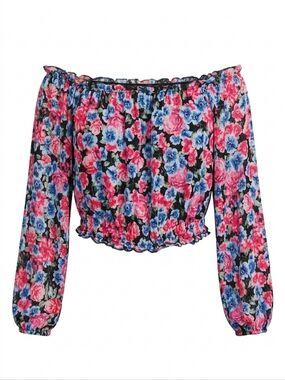 Dynamite Black Off-Shoulder Floral Crop Top with Pink and Blue Roses